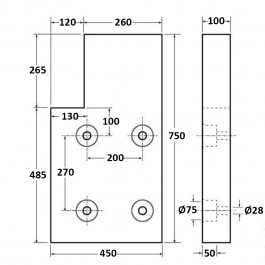 High Top Dock Bumper Front Plate Right Steel 750L x 400W x 100H Technical Drawing