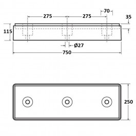 High Visibility Dock Bumper 3 Fixings 750L x 250W x 115H Technical Drawing