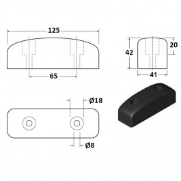 Rectangular Buffer 127L x 41W x 43H  Technical Drawing