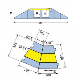 Right Corner Cable Protector 400L x 250W x 45H (2 Channels, 30mm x 30mm, 12 Tonnes) Technical Drawing