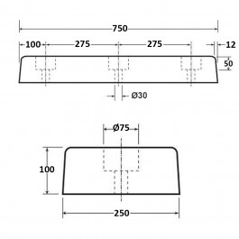 Trapezium Dock Bumper 3 Fixings TPX 750L x 250W x 100H Technical Drawing